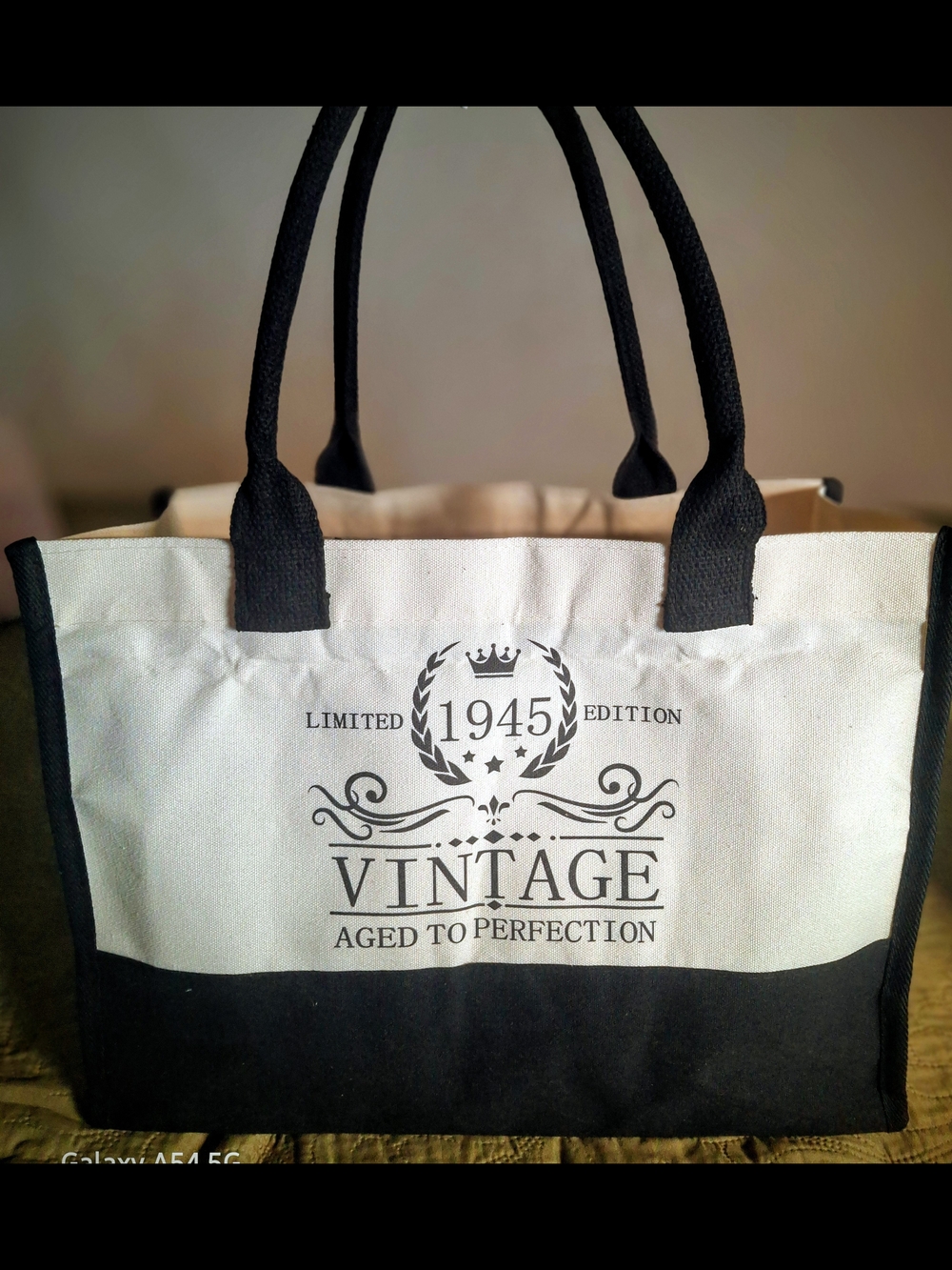 Vintage 1945 Two-Tone Canvas Tote Bag in Black and Cream